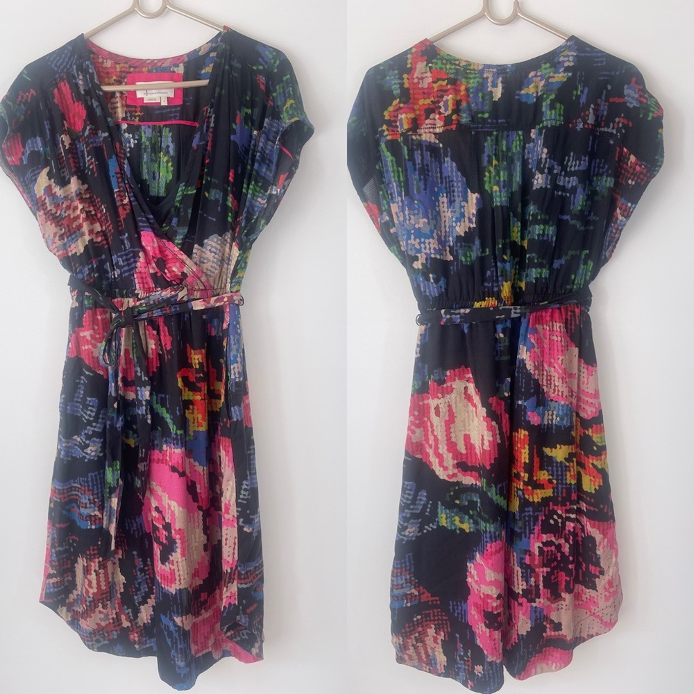 Anthropologie Navy Floral Wrap Midi Dress with Pink & Blue Accents